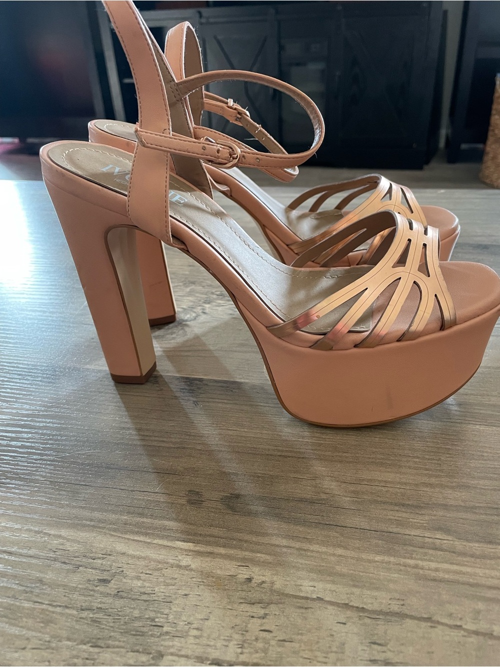 Ivonne Chunky Platform Heels ankle buckle metallic bronze cutout open toe strap